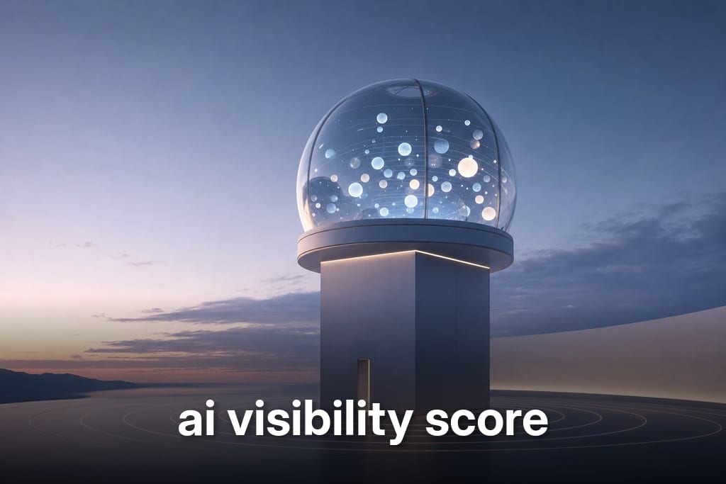 Sleek glass observatory dome with glowing orbs and scan rings representing an ai visibility score