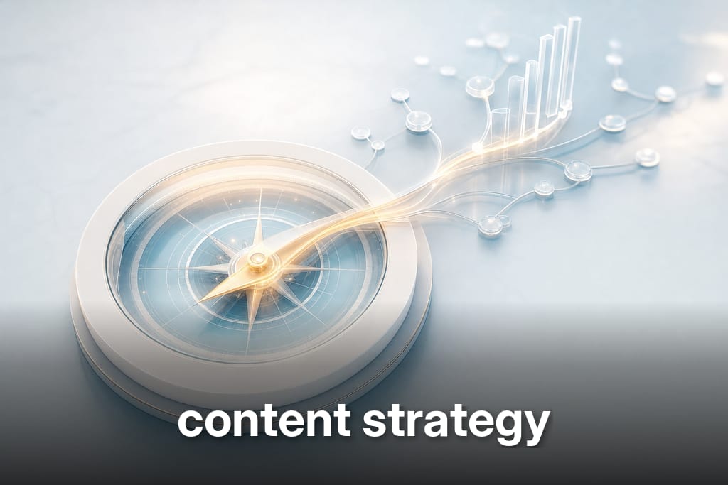 Sleek glass compass on a matte platform symbolising content strategy, keywords and sales momentum