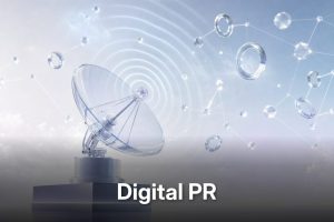 Sleek semi-transparent glass satellite dish with glowing signal waves and floating link nodes for digital pr
