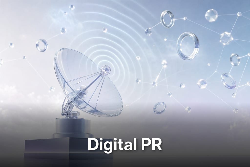 Sleek semi-transparent glass satellite dish with glowing signal waves and floating link nodes for digital pr