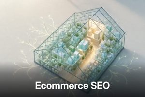 Sleek glass greenhouse with miniature product boxes and glowing pathways suggesting ecommerce seo growth