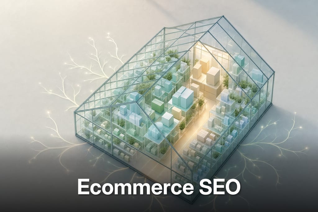 Sleek glass greenhouse with miniature product boxes and glowing pathways suggesting ecommerce seo growth