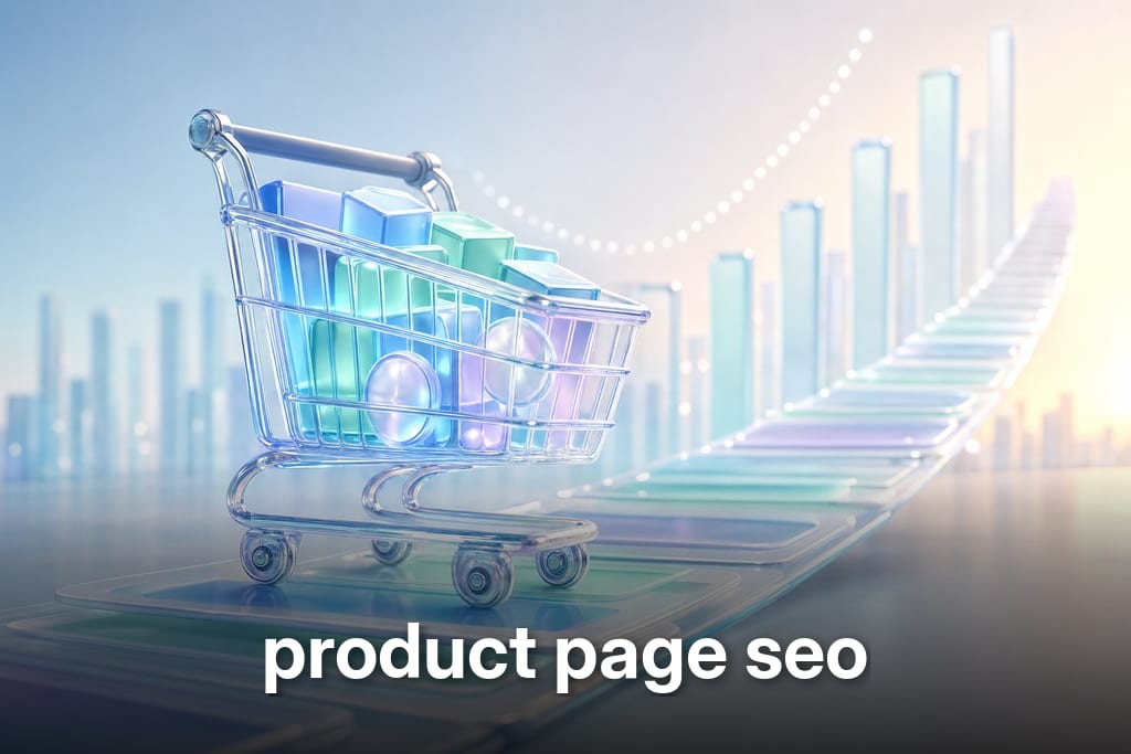 Sleek glass shopping cart rolling on translucent product cards suggesting product page seo growth