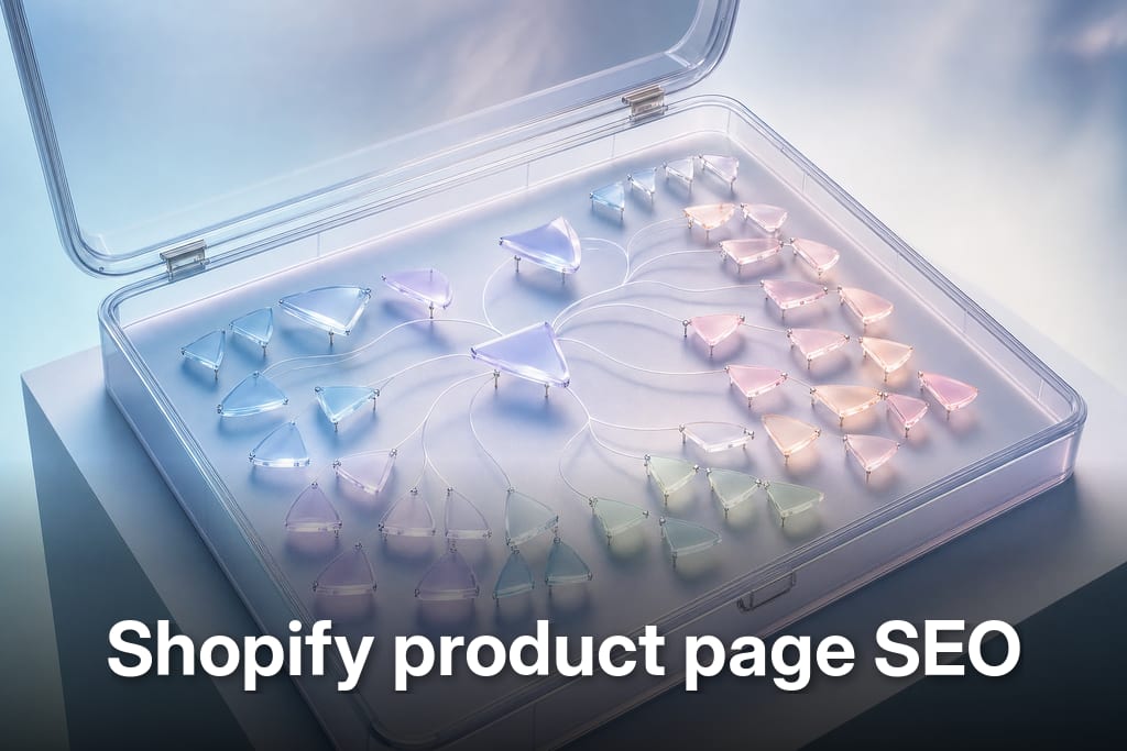 Sleek glass case with translucent product variant shards suggesting shopify product page seo structure
