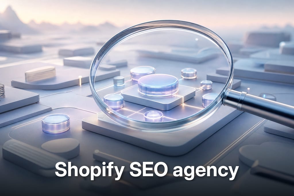 Refined glass magnifying lens highlighting translucent product tiles on a minimalist landscape, Shopify SEO agency